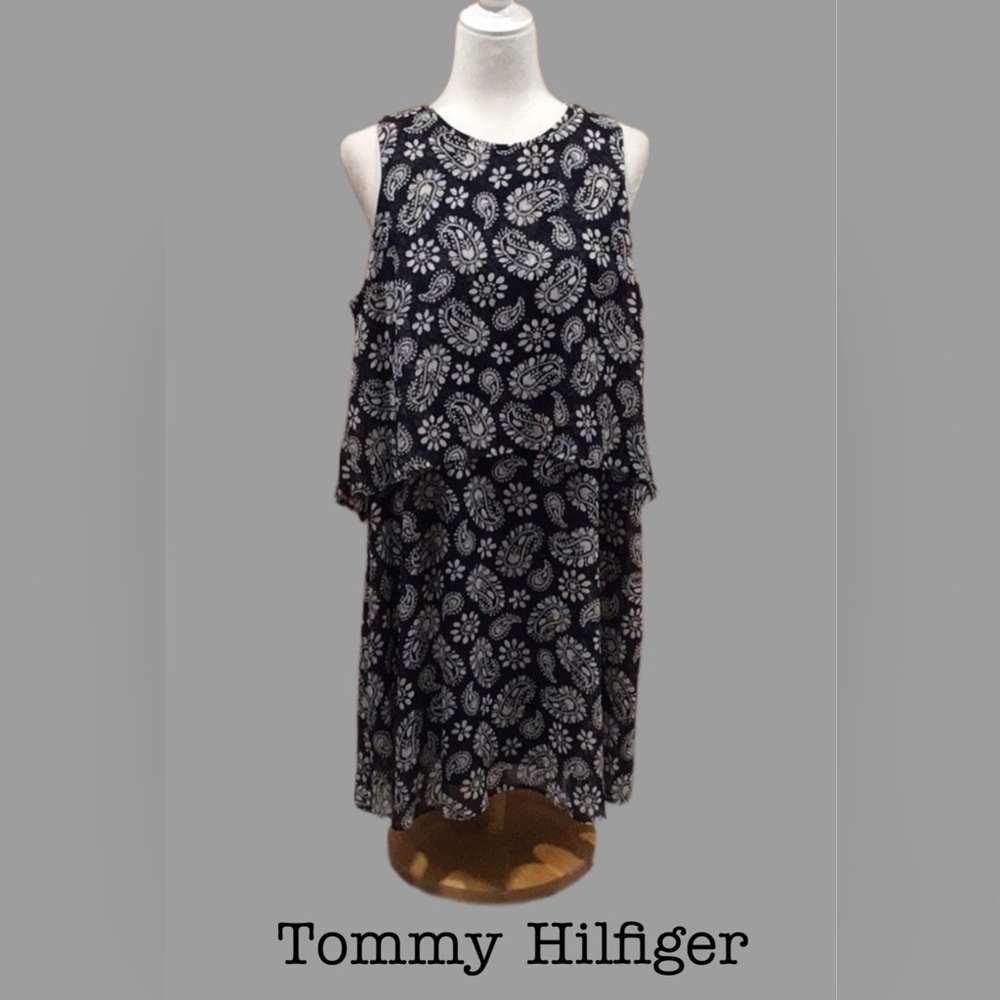 NWT TOMMY HILFIGER Tiered Dress, Lined, Keyhole Back, Black & Gray, Size 12